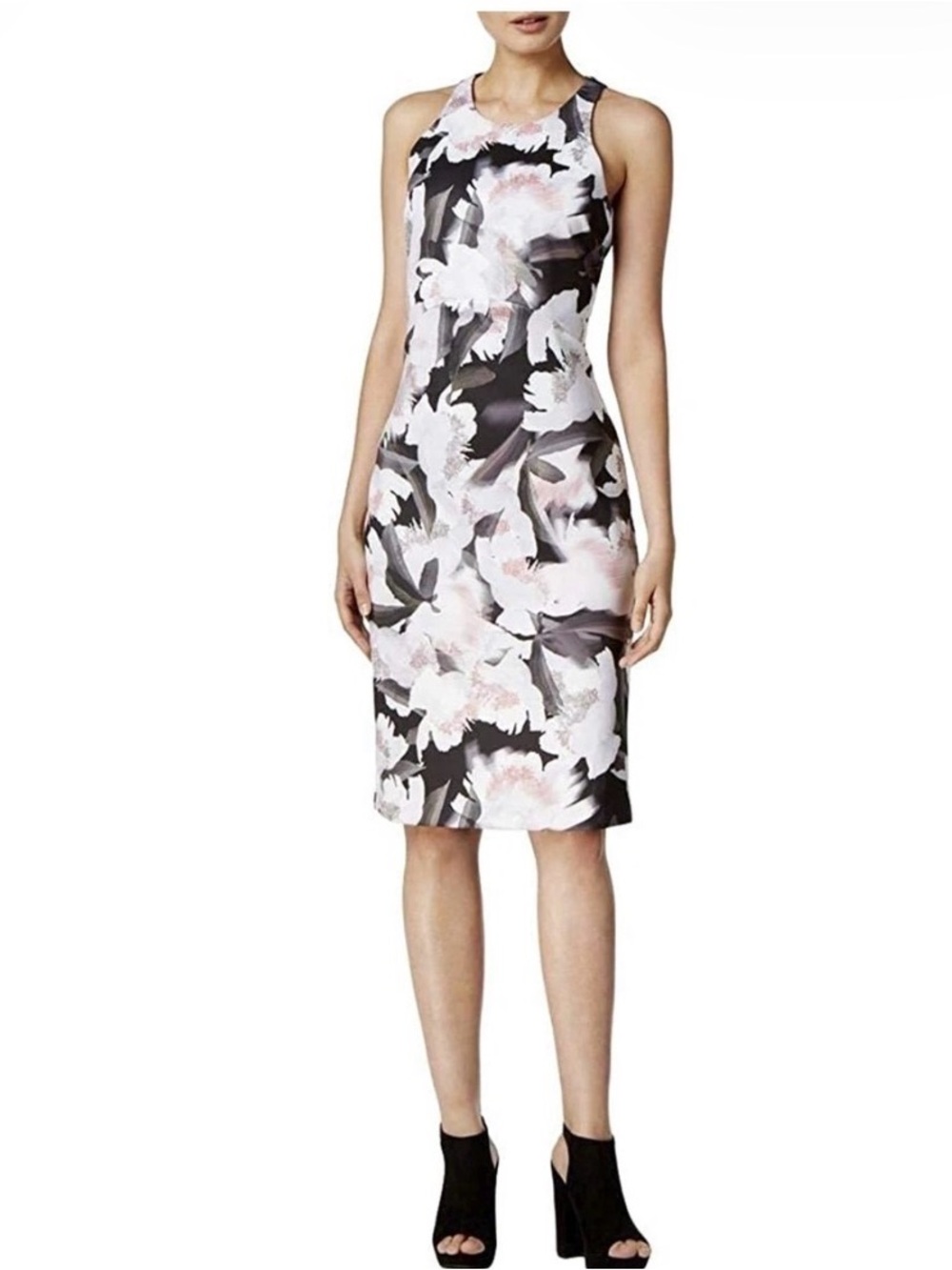 Bar III Black and Blush Floral Midi Sheath Dress